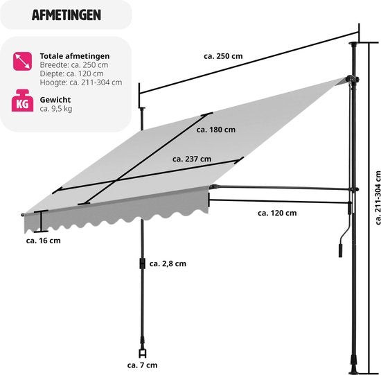 tectake - klemluifel - Zonnescherm – Zonneluifel - Verstelbaar - Klem-zonwering - Zonnescherm Balkon - 250 x 180 cm - lichtgrijs – zonwering - 404961