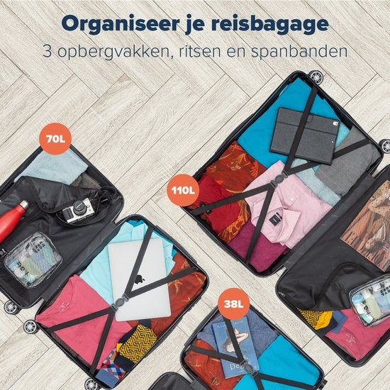 TRVLMORE Set van 3 Koffers – Incl. Cijferslot – 38L + 70L + 110L – Zwart