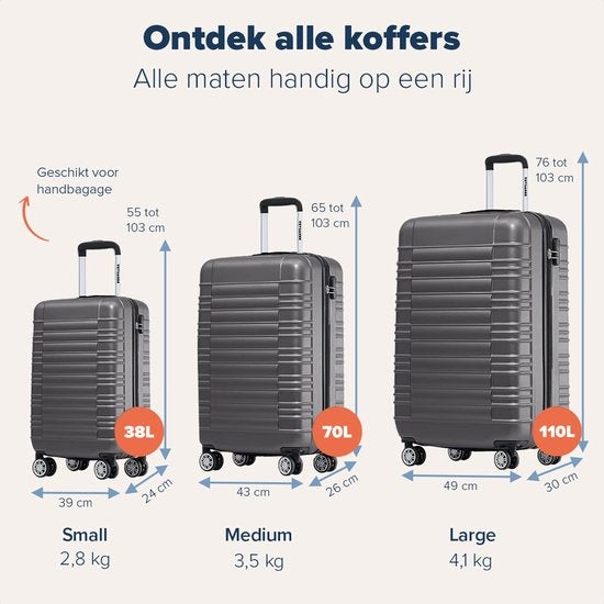 TRVLMORE Kofferset - 2 Delig - 38L Handbagage + 110L Ruimbagage - Donkergrijs