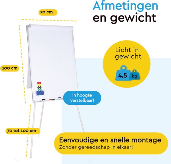 BRASQ Flipover - 70x100cm - Verstelbaar Whiteboard - Inclusief 25 vellen papier, 4 Stiften, 8 Magneten, Wisser - Magnetisch bord met Haken - Magneetbord - Aluminium