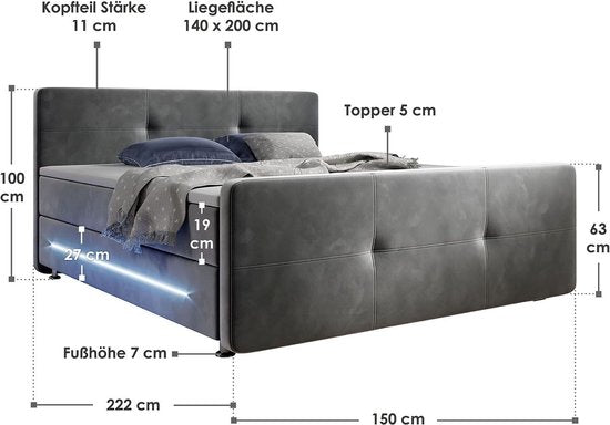 Boxspringbed Houston - 140 x 200 cm - Grijs