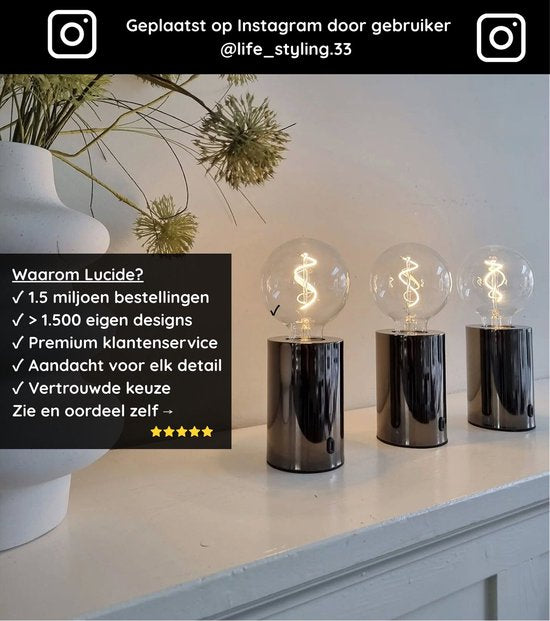 Lucide VIVO - Oplaadbare Tafellamp - Accu/Batterij - Ø 8 cm - LED Dimbaar - E27 - 1x1W 2700K - Chroom