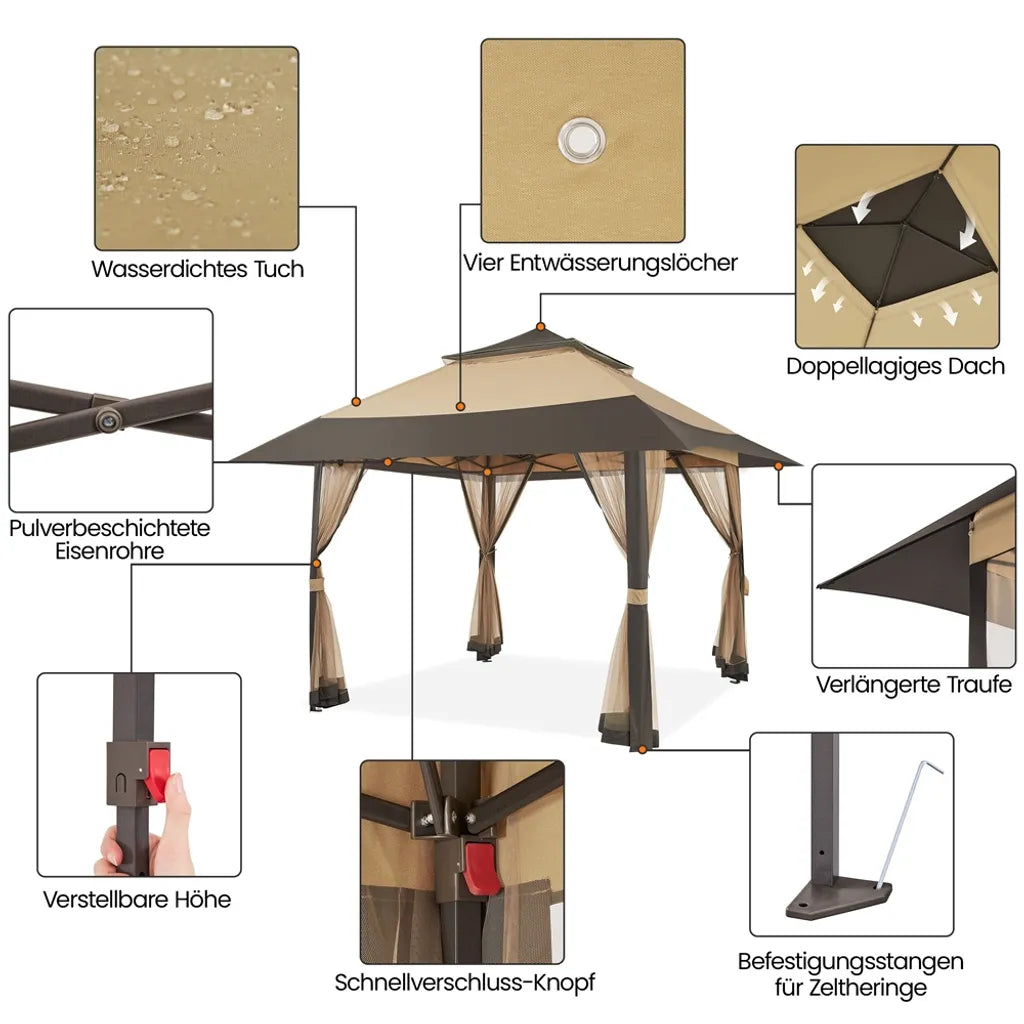 Yaheetech Partytent - 4 x 4 m - Inklapbaar - Tuinpaviljoen - Gaaswanden - Verstelbaar - 271-291 cm - Khaki/Bruin