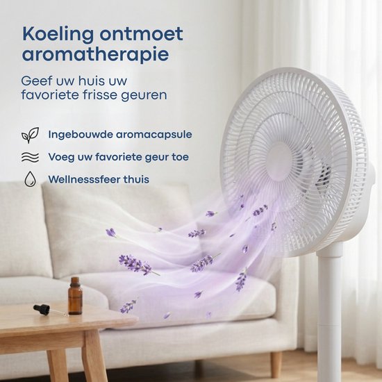 Aironex Ventilator - Stille Statiefventilator met 26 snelheden - App bediening - Laag verbruik - Wit - Met Aromafunctie en Wifi - Timer en Nachtmodus - In hoogte verstelbaar - Horizontale + Verticale oscillatie