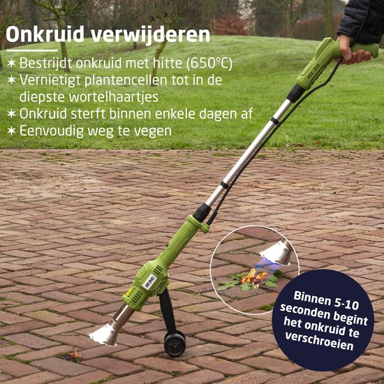 BREND BR-2229 Elektrische Onkruidbrander met Wielen – Onkruidbestrijder met Hitte tot 650 °C – Met Opzetstuk voor BBQ – Milieuvriendelijk – Groen