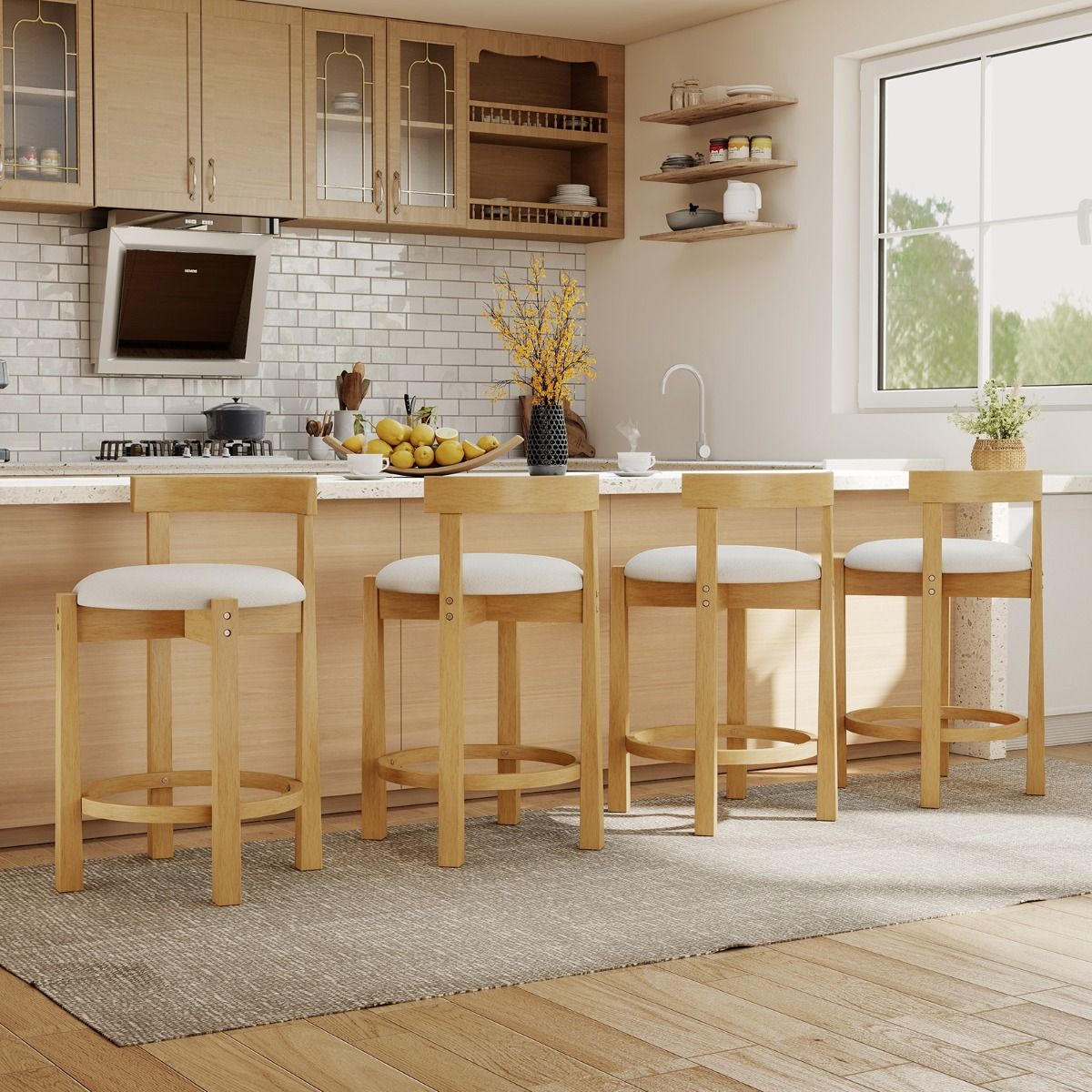 Coast Barkrukken Set van 2 - met rugleuning en voetsteun - teddyvelours zitting - zithoogte 62 cm - natuur en beige