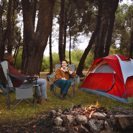TRVLMORE Campingstoelen - Opvouwbaar - 2 Stuks - Vouwstoelen - 150 kg draagvermogen - Drankhouder - Koelvak - Zijvak - Grijs