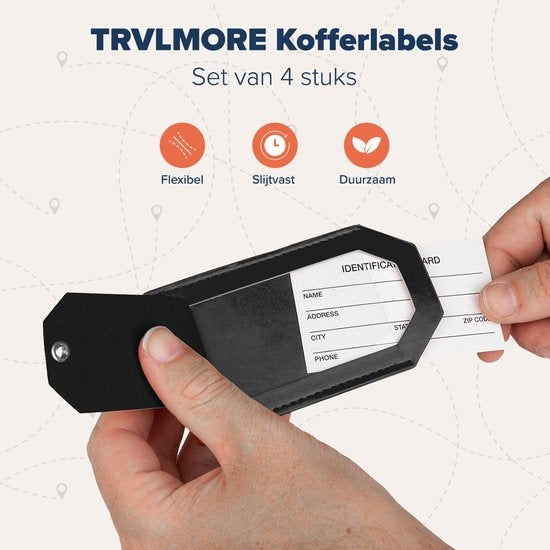 TRVLMORE Kofferlabel - Leer - Voor Koffers en Tassen - 4 Stuks - Zwart