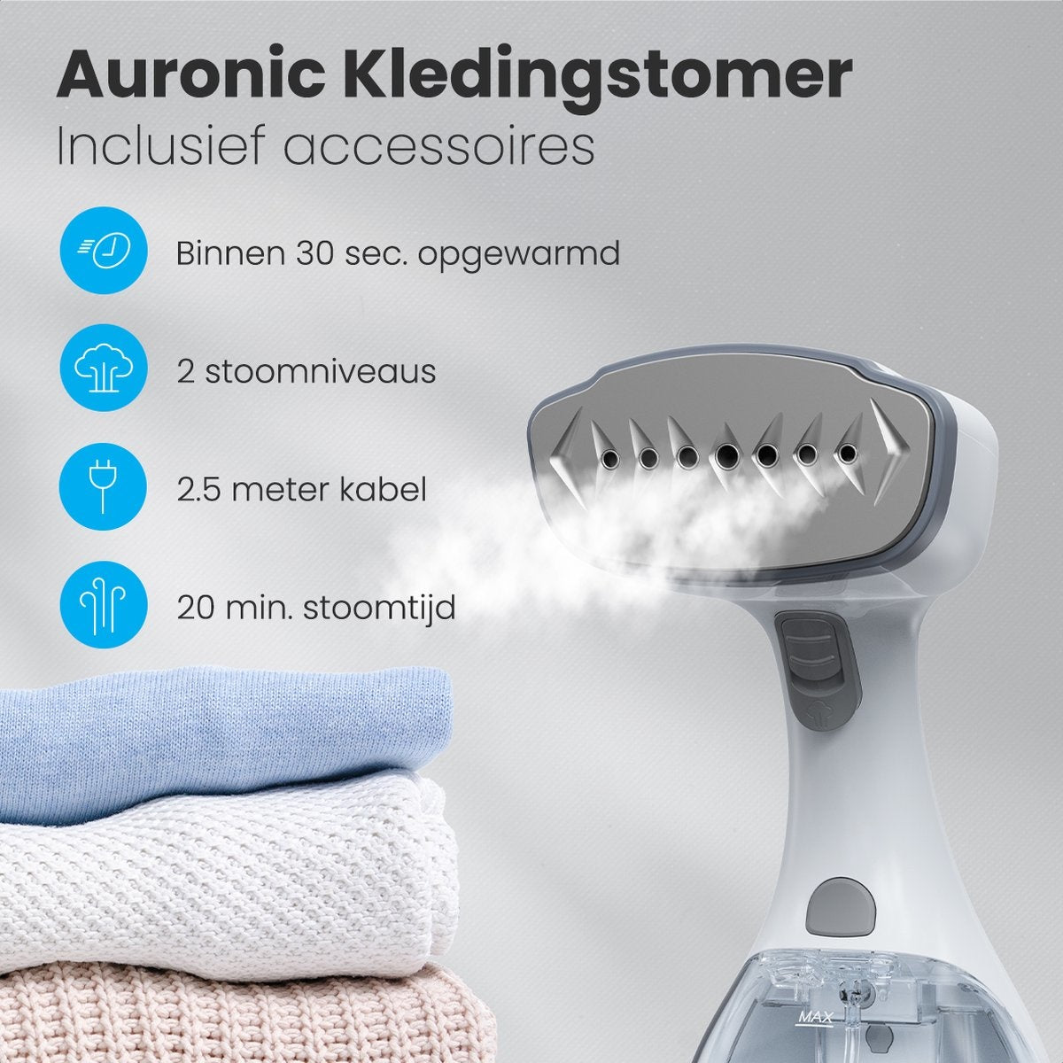 Auronic Kledingstomer - Stoomapparaat - Handstomer voor Kleding en Meubilair - 300ml - Wit