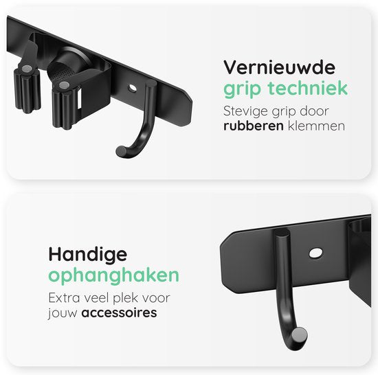Volcan Bezemhouder - Bezem Ophangsysteem Tuingereedschap - 9 Houders 10 Haken - Zelfklevend 3M Tape - Gereedschapshouder - RVS Zwart