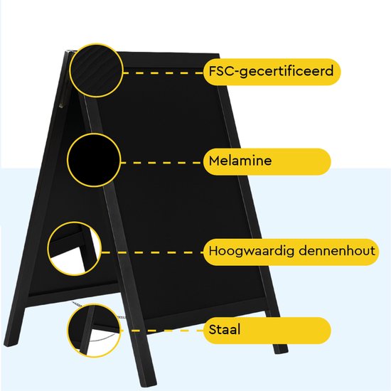 BRASQ Krijtstoepbord Zwart - 70x130 CM - Krijtbord - Reclamebord - Stoepbord - Dubbelzijdig - voor Binnen en Buiten - Horeca