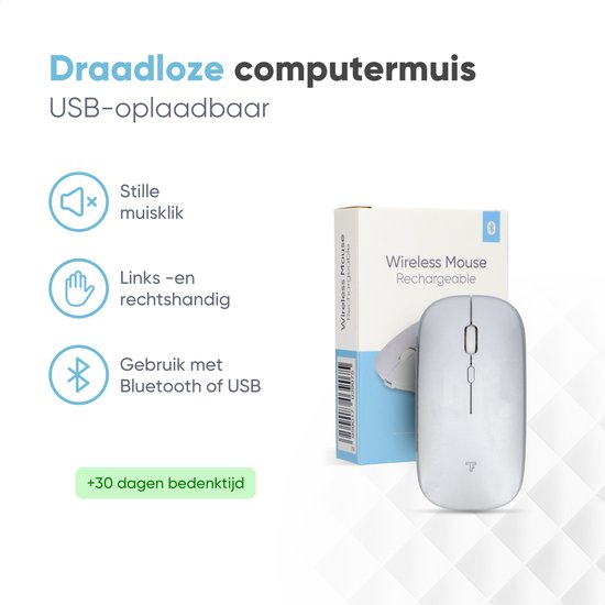 Trendfield Draadloze Muis - Oplaadbare Computermuis - Bluetooth - Ergonomische Muis met Stille Klik - Geschikt voor alle Laptops - Zilver