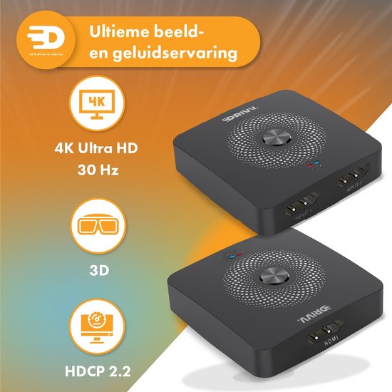 Drivv. HDMI Switch - 2-in-1 uit / 1-in-2 uit – Bi-directioneel – Ondersteunt 720p/1080p/4K/3D - Zwart