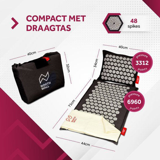 Northwall Spijkermat met Kussen & Draagtas - Acupressuur mat met Spijkerkussen - Spijkerbed - Acupunctuur - Meditatie - Shakti Massage - Zwart