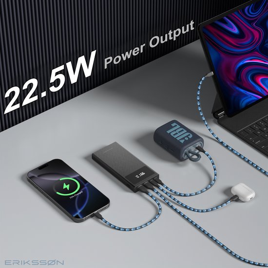 Erikssøn Core Pro Charge Powerbank - 10.000 mAh - 22.5W Snellader - USB-A/USB-C - LED Indicatie - Universele Powerbank geschikt voor o.a. iOS/Android