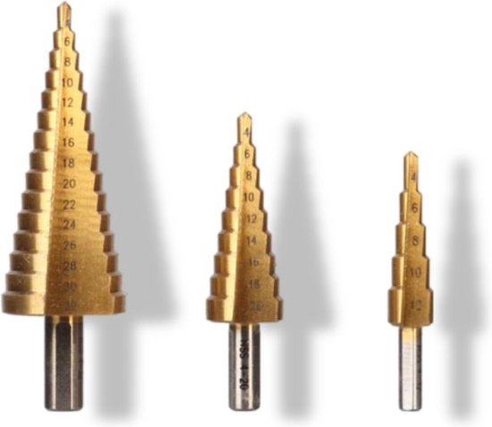 Toolland HSS-stappenboor, voor alle metalen, titanium coating, set van 3 stuks, maten Ø 4-12/4-20/4-32 mm