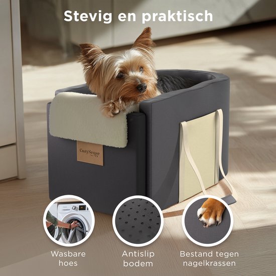 CozySense® Honden Autostoel - Hondenmand Auto met Wasbare Hoes - Voor Kleine Hond - Past in Middenconsole - Ook als Draagtas - Zwart/Beige
