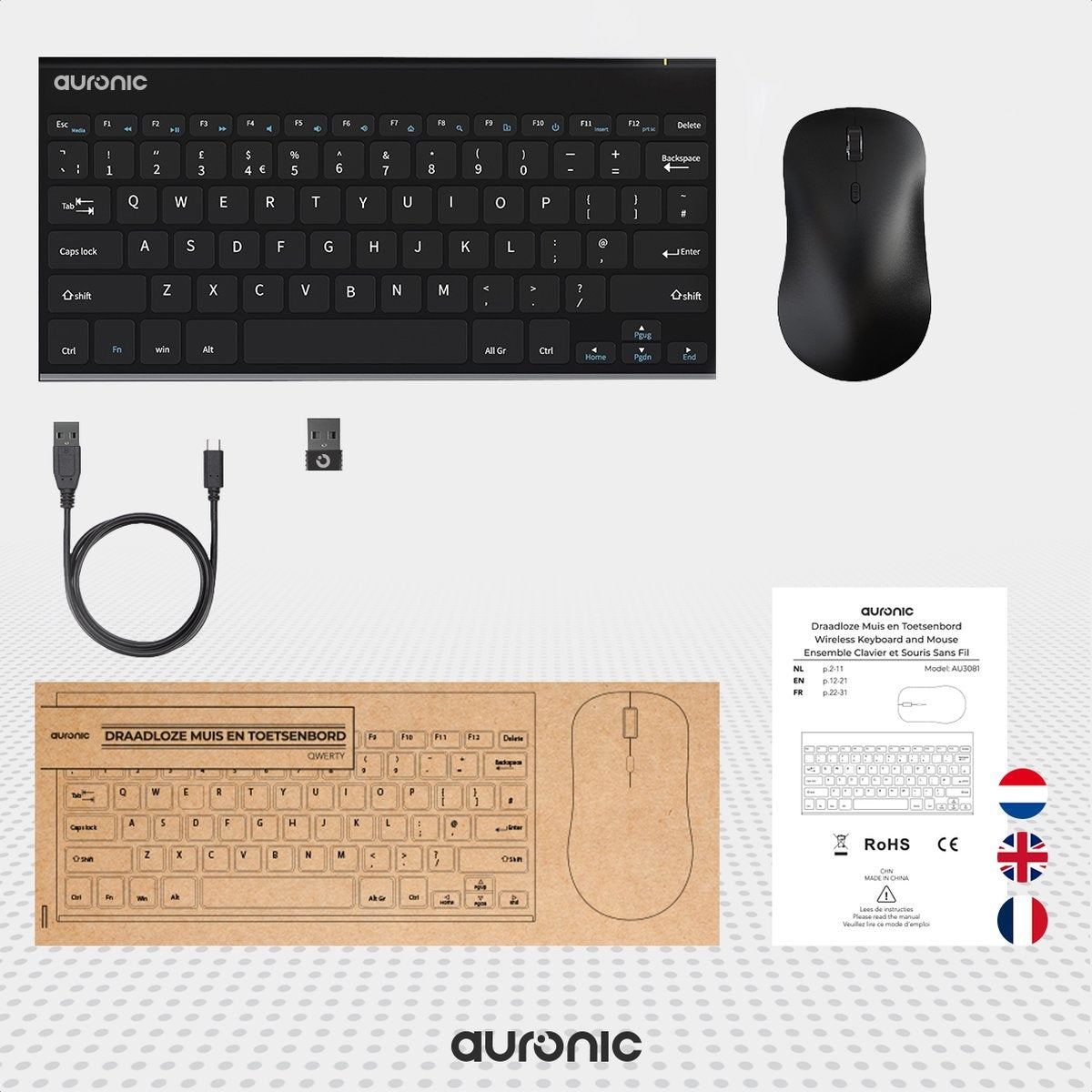 Auronic Draadloos Toetsenbord en Muis - QWERTY - Zwart