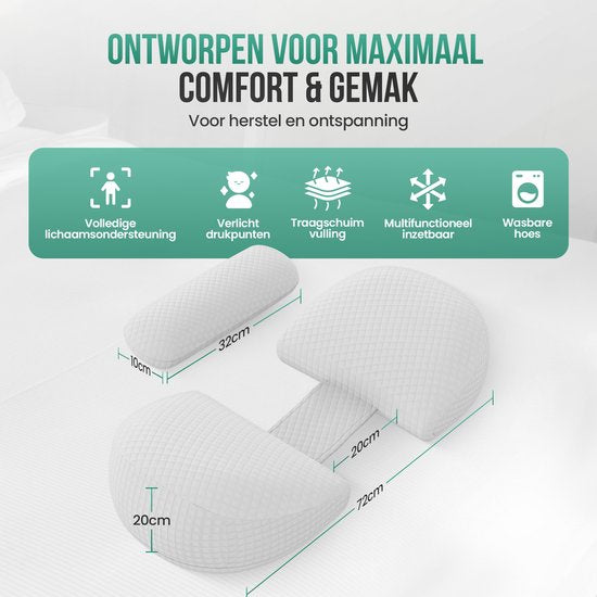 Avalo Zwangerschapskussen W-Vorm - Traagschuim - Zijslaapkussen Volwassenen - Verstelbare Wig - Buik-, Rug- & Beensteun - Voedingskussen - Lichaamskussen - Wasbare Hoes