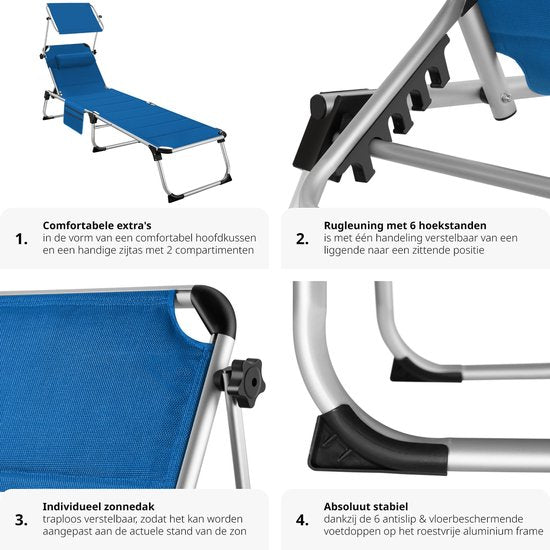 tectake® Ligbed Lorella met zonneluifel - Ligstoel - Zonnebed gestoffeerd - Inklapbaar - Voor in de tuin of op balkon - Met zijvak - Afmetingen (BxDxH) 220 x 60,5 x 34 cm - Blauw