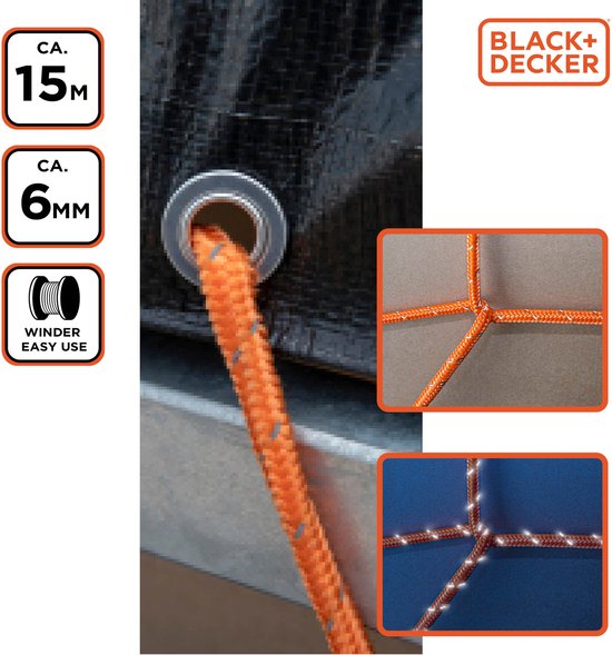 BLACK+DECKER Spanband 15 Meter - Incl. Spanband Oproller - Sjorband - Transport Touw - Elastisch Koord - met Reflecterende Delen - Transportbeheer - Nylon/ Kunststof - Oranje/Zwart