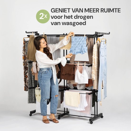 Vitapur Wasrek inklapbaar - Droogrek - Wasrek - Droogrek inklapbaar - Droogtoren op wieltjes - Wasrek Inklapbaar - Verrijdbaar - Zwart