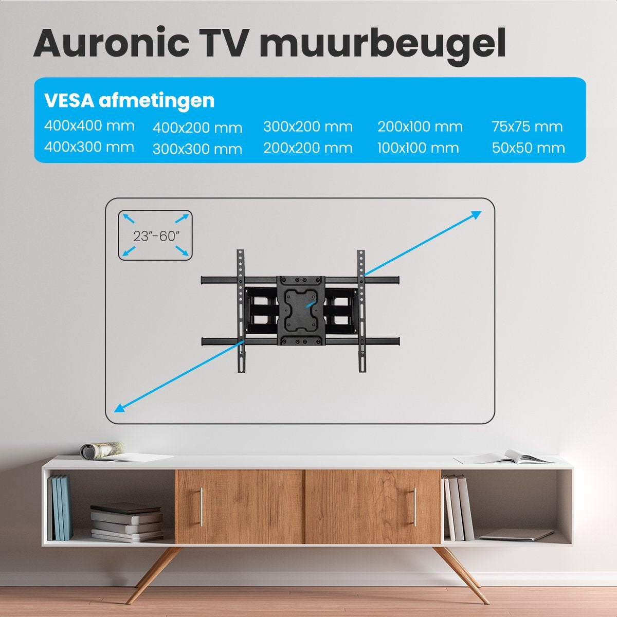 Auronic TV Beugel - Draaibaar en Kantelbaar - 23 tot 60 inch - Tot 45 KG - Zwart