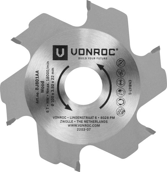 VONROC Zaagblad voor lamellenfrees - 100 x 22mm - 6 tanden - 3,92mm dik - voor VONROC lamellenfrees BJ501AC en universeel gebruik
