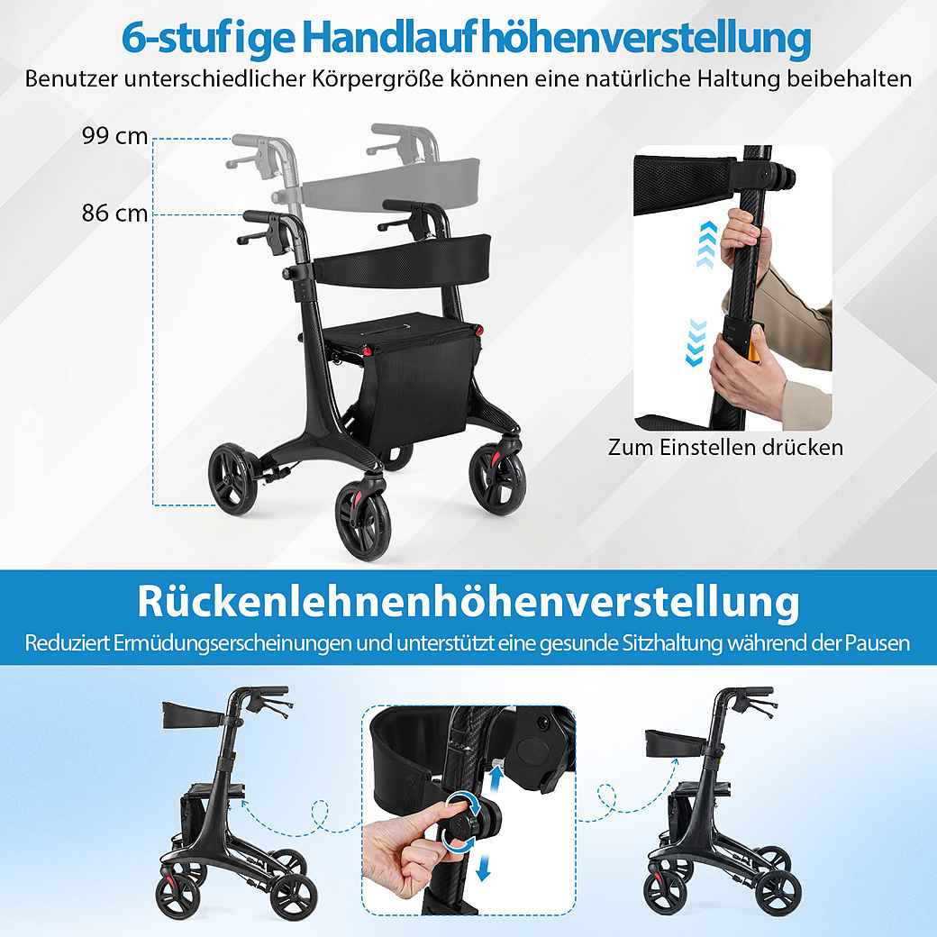 Coast Opvouwbare Rollator zwart – Ultralichte Carbon Loophulp met Zitje – 78 x 62 x 86-99 cm