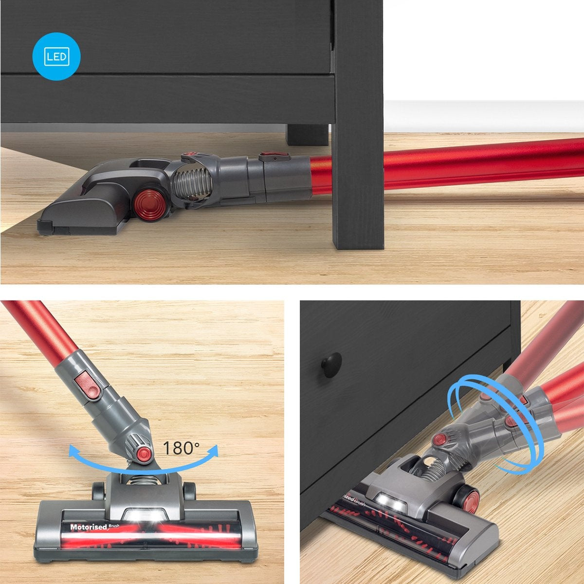 Auronic Steelstofzuiger Draadloos - Zonder Zak - Op Accu - 4-in-1 - 160W - Vacuum Cleaner - Rood/Grijs - Draadloze stofzuiger