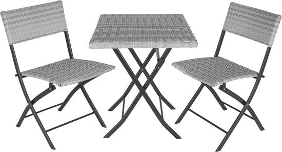 tectake® - wicker balkon- of tuinbistroset, zitgroep met 2 stoelen en 1 kleine eettafel, ruimtebesparend opklapbaar, tuinmeubelen, balkonmeubel klein balkon - lichtgrijs