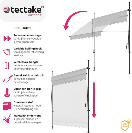 tectake - klemluifel - Zonnescherm – Zonneluifel - Verstelbaar - Klem-zonwering - Zonnescherm Balkon - 200 x 180 cm - lichtgrijs– zonwering - 404958