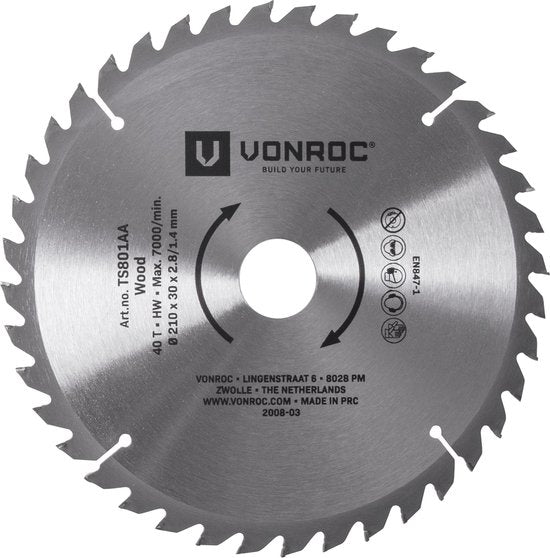 VONROC Zaagblad – 210mm – 40 tanden – voor hout – geschikt voor tafelzagen en afkortzagen