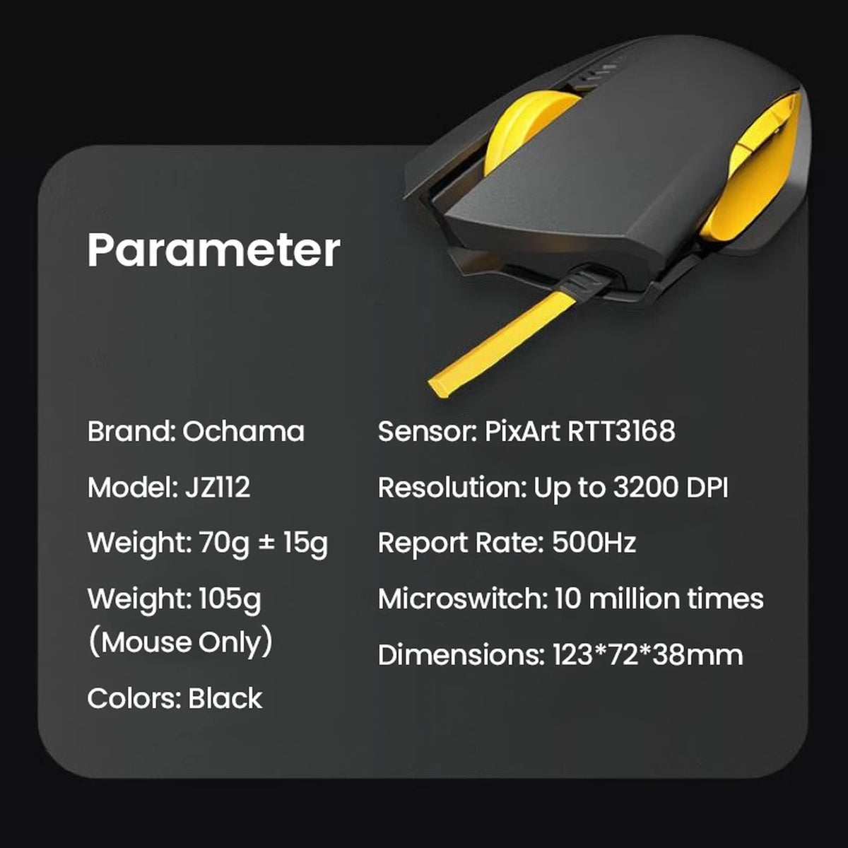 Ochama Bedrade Muis - Zwart & Geel - Ergonomisch - Optische Sensor - 1000 Hz Polling Rate - 4 DPI-standen