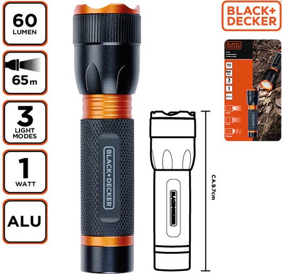 BLACK+DECKER LED Zaklamp 60 Lumen - 1W - AA-Batterij (Excl.) - 65M Bereik - 3 Lichtstanden: Hoog, Laag, Pulserend - Zwart/Oranje