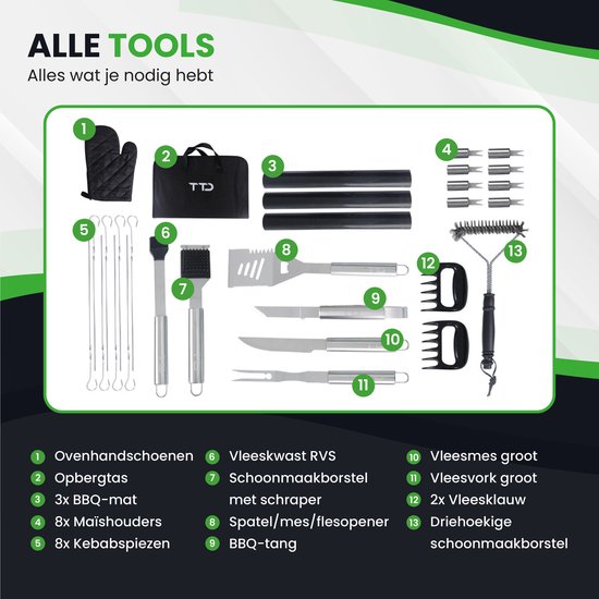 TTD® Premium BBQ Accesoires Set 30-delig - BBQ Gereedschapset RVS - Barbecue Accessoires - BBQ Tang - BBQ Spatel - Met BBQ Handschoenen en Schoonmaak Borstel - Inclusief Opbergtas