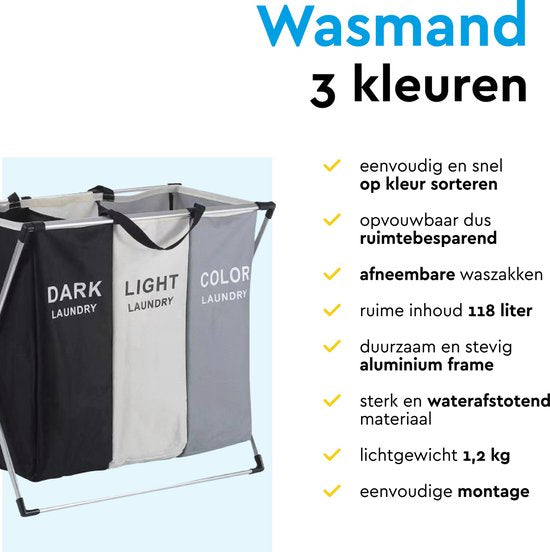 BRASQ Wasmand Opvouwbaar 3 vakken - Wassorteerder 65x39x60 cm - Wasbox Multi color - 118 Liter - Basket