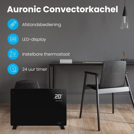 Auronic Elektrische Kachel – Convectorkachel met Thermostaat en Afstandsbediening - Paneelverwarming - tot 22 m2 - 2000W Heater - Zwart