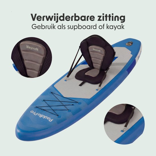 LifeGoods SUP Board Allround Compact - met Zitje - 100 KG Draagkracht - 300 x 76 cm - Opblaasbaar - Compleet SUP pakket - Blauw