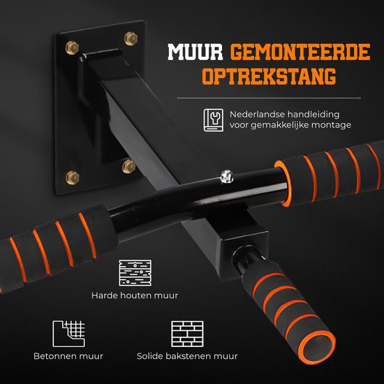 TTD® Premium Pull Up Bar - Pull Up Station - Optrekstang Wandmontage - Dip Station - Dip Bars - Thuis Sporten - Thuis Fitness - Premium materialen - Extra stevige tot 250KG - Inclusief montage onderdelen - Home workout - Zwart/Oranje