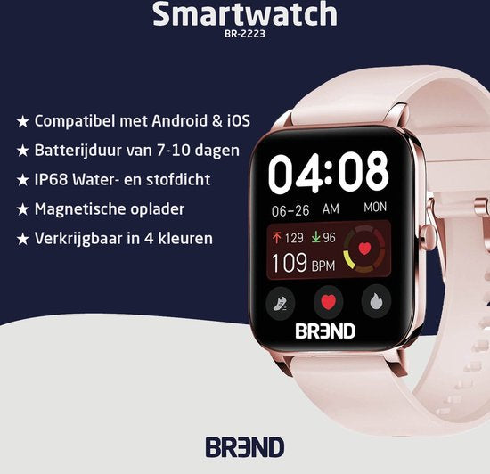 BREND Smartwatch voor Dames en Heren - Stappenteller, Bloeddrukmeter en Hartslagmeter - Sporthorloge - Waterdicht – Roze