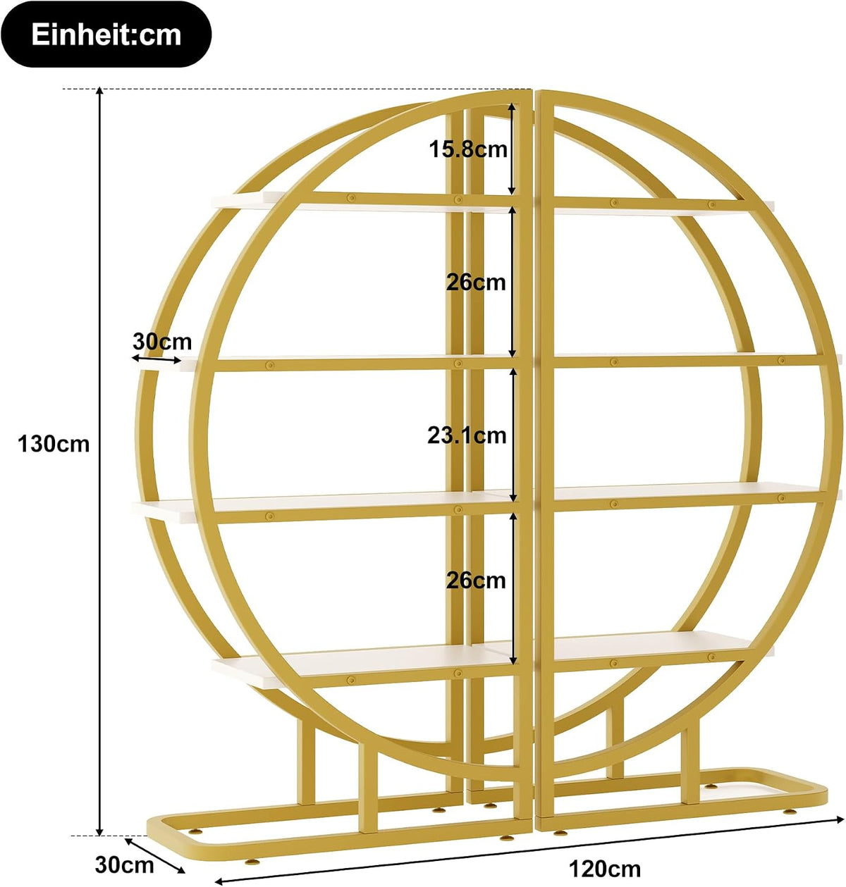 Ligterra Rond boekenrek - 2 halfronde modules - Goud metaal met witte planken - 120 x 30 x 130 cm