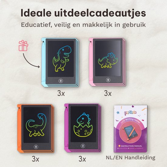 Partizzle 12x Magnetisch Tekenbord voor Kinderen - Mini Krijtbord / LCD Tekentablet met Scherm - Creatief Tekenen - Uitdeelcadeautjes Educatief Teken Speelgoed Bord - Kleine Uitdeelcadeaus - Grabbelton Traktatie Cadeautjes - 11 cm / 4 Kleuren