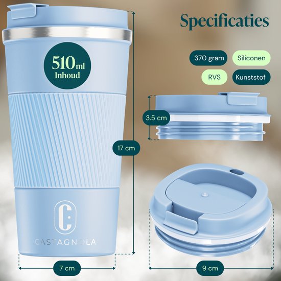 Castagnola Thermosbeker - Koffiebeker To Go - Travel Mug voor Koffie en Thee - Theebeker - 510 ML - RVS - Lichtblauw