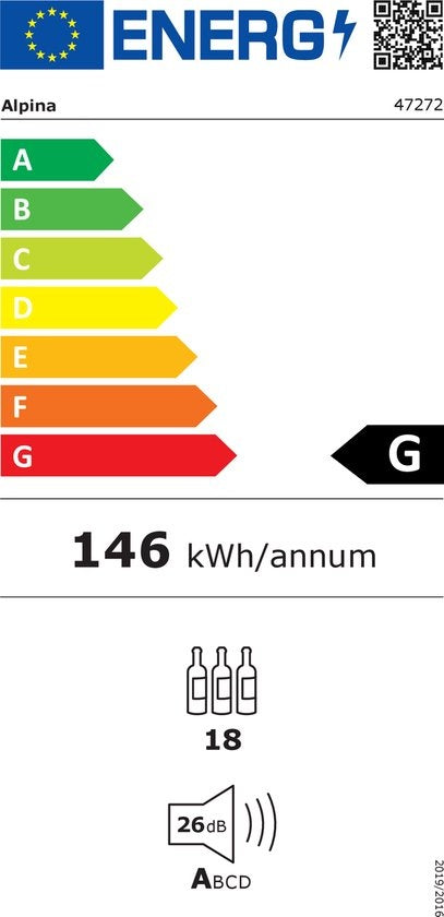 Alpina Wijnklimaatkast - 240V - Tot 22°C - Max. 18 Flessen - 49 x 34.5 x 66cm - Zwart