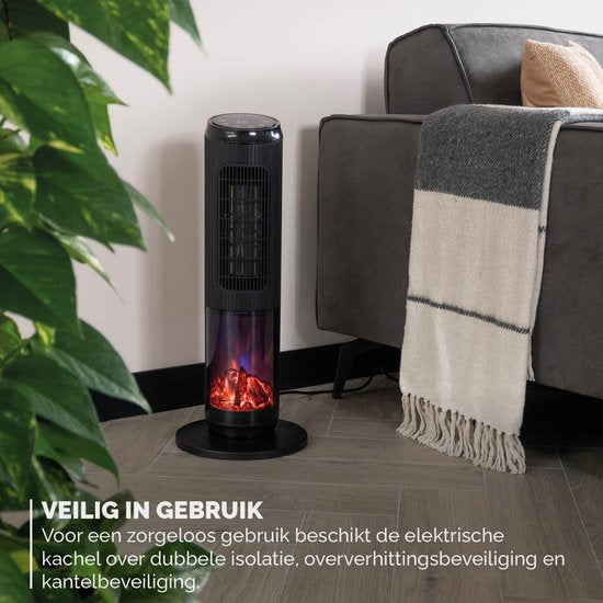 BREND BR-2222 Elektrische Kachel met Sfeerhaard en Thermostaat 18-45 °C – Keramische Ventilatorkachel – Verwarming met Swingfunctie – Timer – Zwart