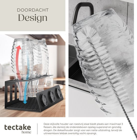 tectake® Soda-flessenhouder - Lekbak voor flessen - Flessenstandaard - Afdruiprek - RVS - Incl. verwijderbaar druipmatje - Voor 3 flessen