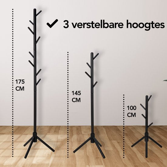 Brixy Kapstok - Staande Kapstok - 8 Haken - 175 cm - Kapstok Hout - Garderoberek - Zwart