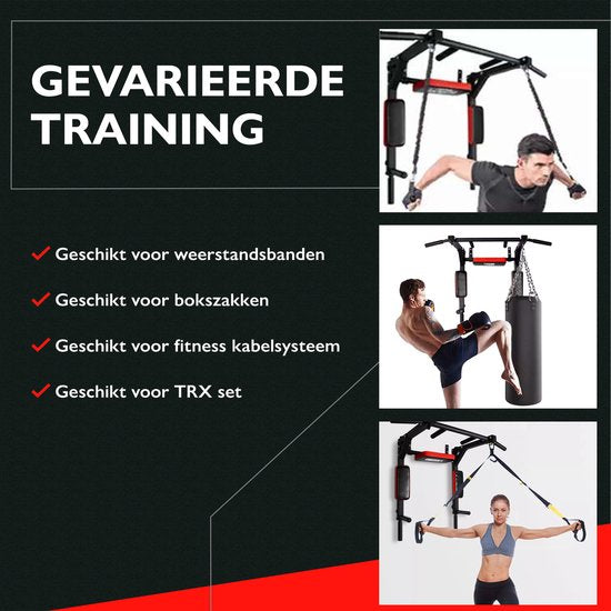 Zoluko Professionele Dip & Pull Up Bar Wandmontage - 200kg Draagkracht - Dip Station - Incl. E-book - Eenvoudige Bevestiging - 2 in 1 Pull Up Station en Dip Station voor Thuis Sporten - Optrekstang Fitness - Dip Bars - Chin Up Bar - Zwart/Rood