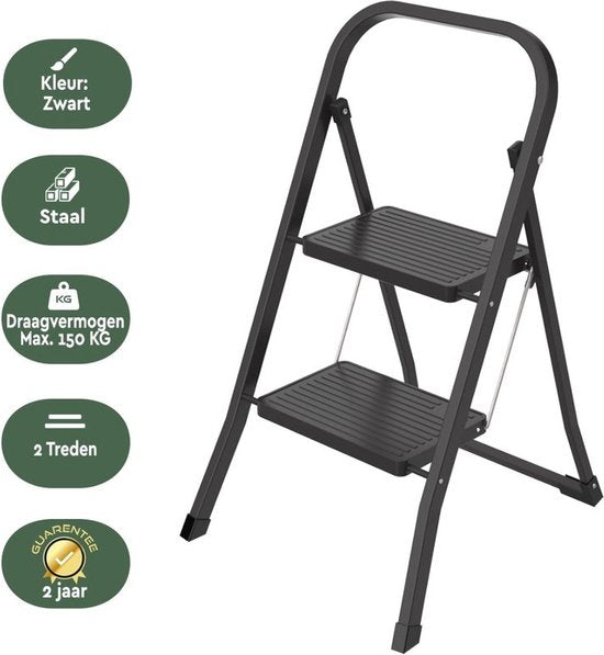 BRASQ Huishoudtrap 2-treden zwart - keukentrap inklapbaar metaal voor particulier en professioneel gebruik - Trapladder - Antislip